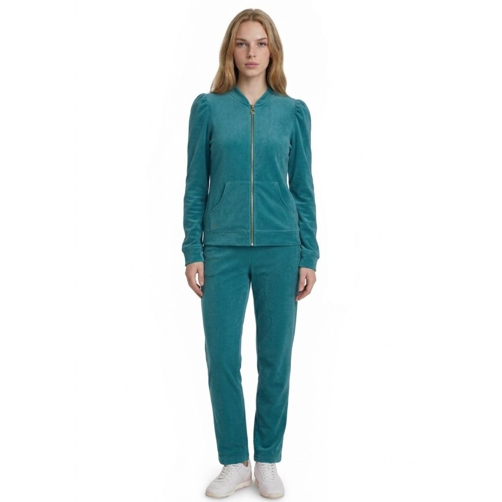 Lilly Pulitzer Teal Velour Tracksuit Womens Size Medium Jacket Pants Puff Sleeve